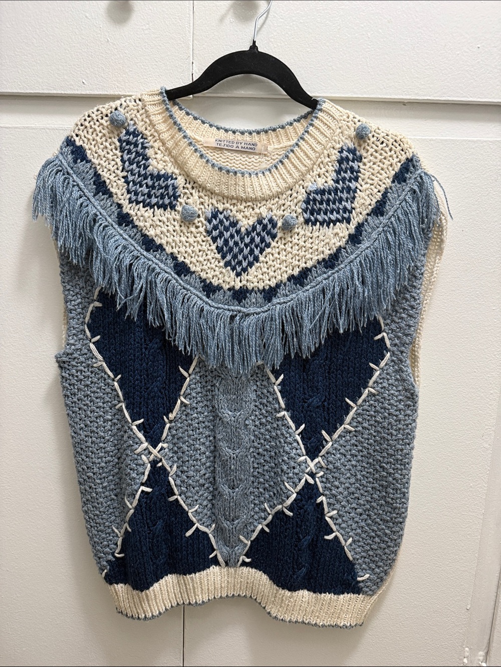 Hand knit Fringed Cable Knit Sleeveless Sweater Vest - Blue & Cream